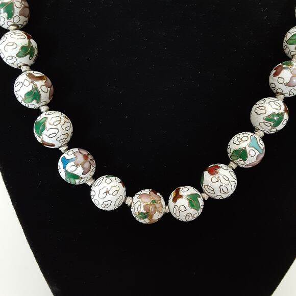 Vintage Chinese Cloisonné Bead Necklace Hand Knotted Enamel Flower Champleve - Picture 8 of 10